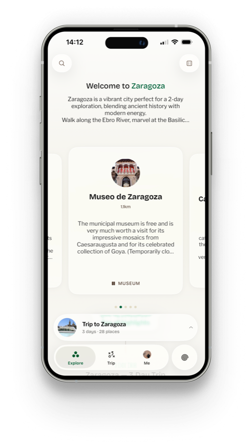 Planark explore screen showing a Zaragoza trip