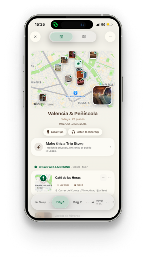 Planark map and itinerary screen for Valencia and Peñíscola