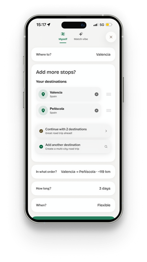 Planark trip planning screen adding stops between Valencia and Peñíscola