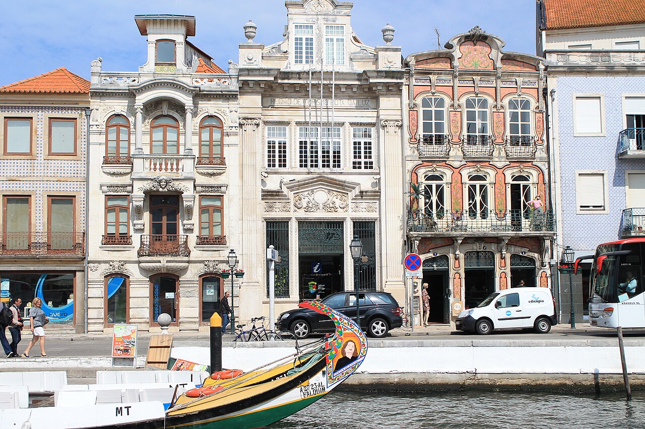 Moliceiro boats moored on Aveiro's central canal