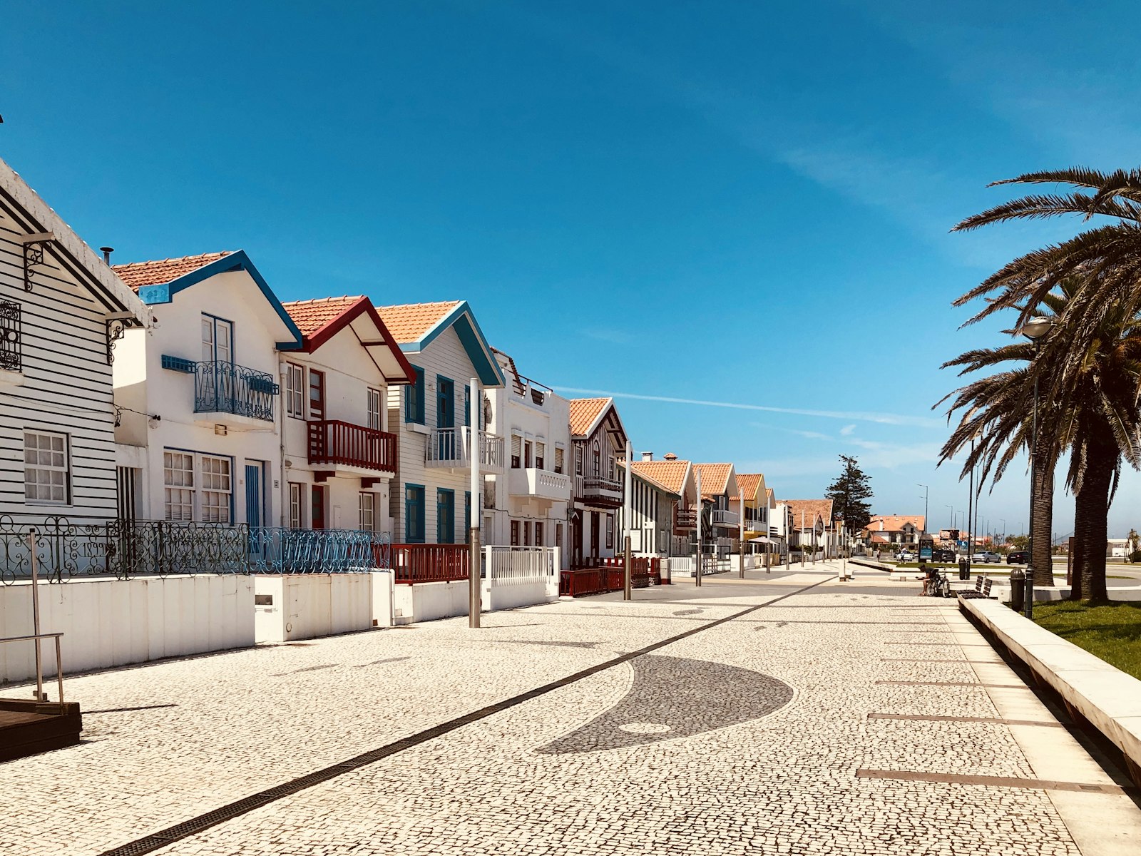Costa Nova houses and palms under blue sky